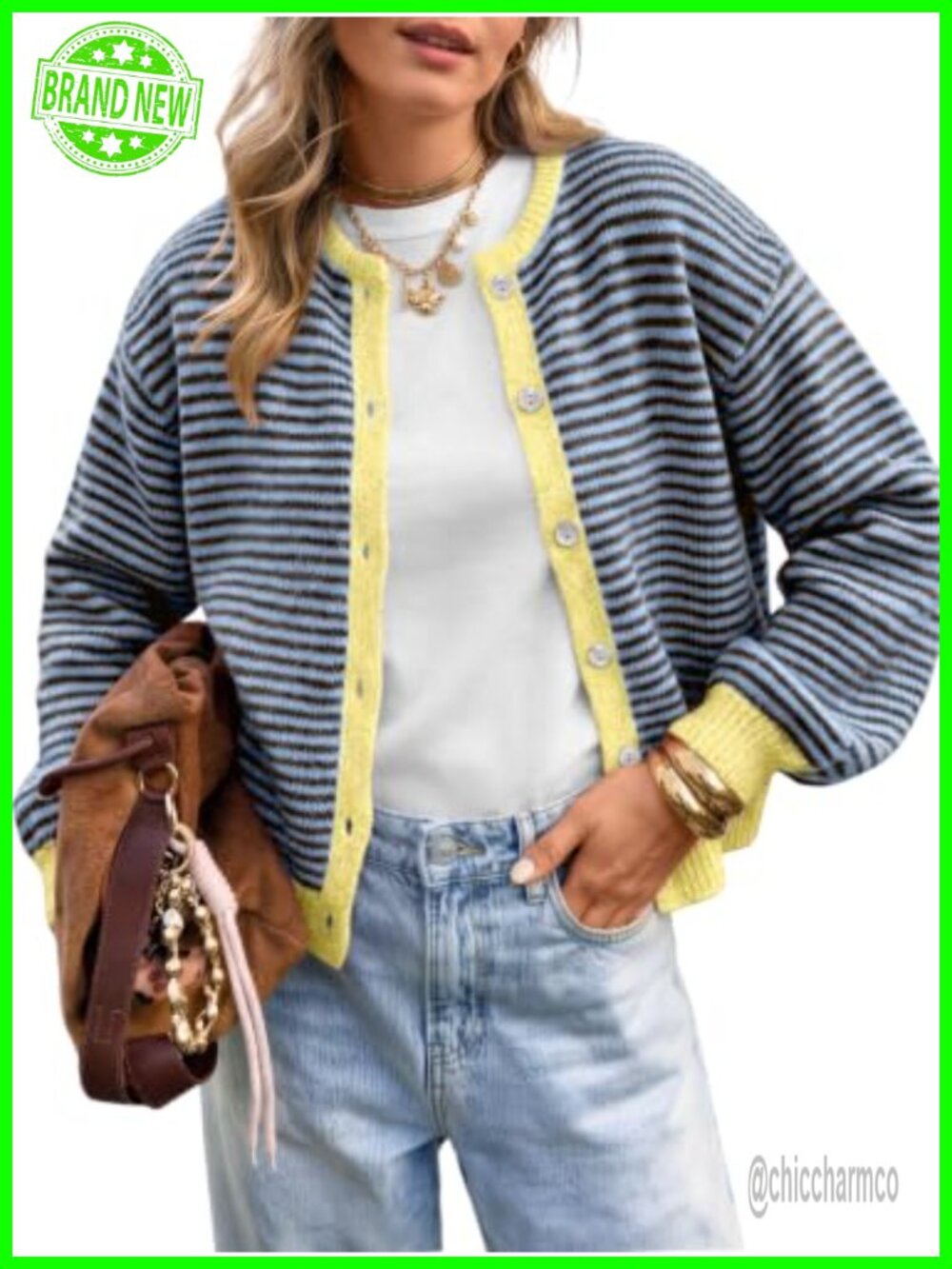 Soft Knit Striped Button Front Crew Neck Cardigan Sweater for Women Relaxed Fit